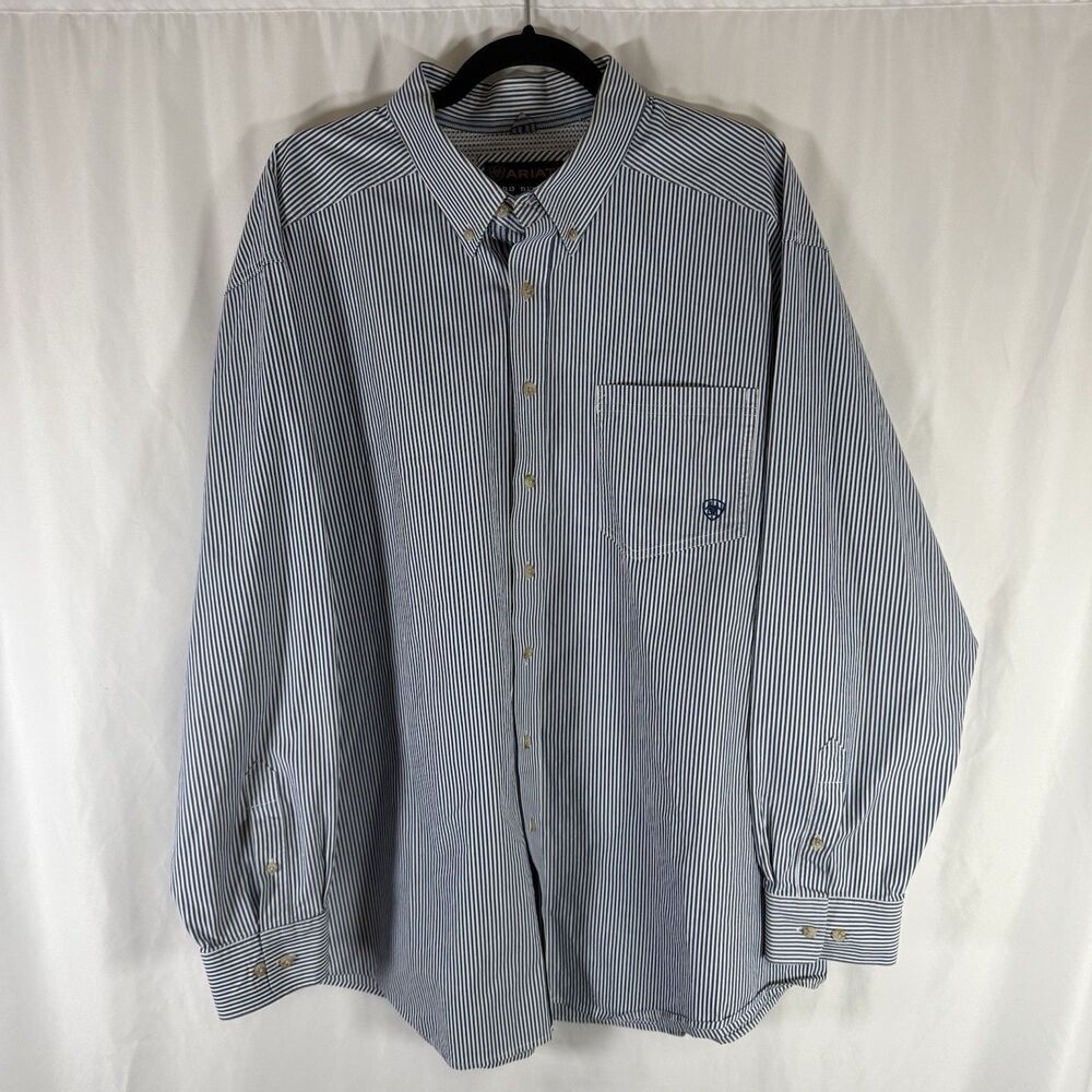 ARIAT Pro Series Shirt Men's XXL Blue White Striped Button Up Long Sleeve Cotton